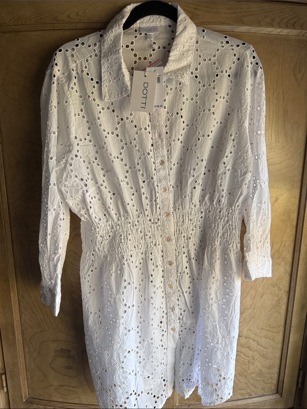 DOTTI 🌴☀️ White Eyelet Button-Front Tunic with Smocked Waist Cover up